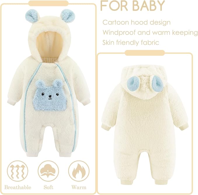 KEOYA Newborn Infant Unisex Baby Thicken Fleece Coveralls Romper Hooded Footies Cute Rabbit Snowsuit Outfit 0-18M