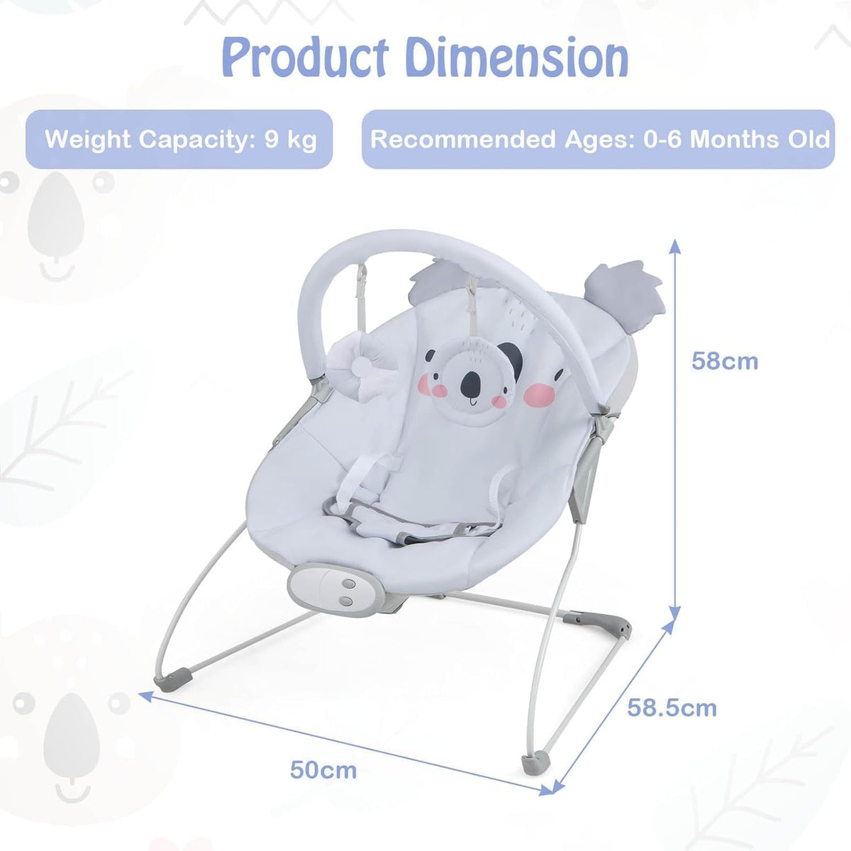 BABY JOY Portable Baby Bouncer, Infant Rocker with Removable Toys Bar, Music, Machine Washable Cover, Baby Bouncer Soothing Vibrations with 30° Spine Tilt, 3-Point Harness for 0-6 Months