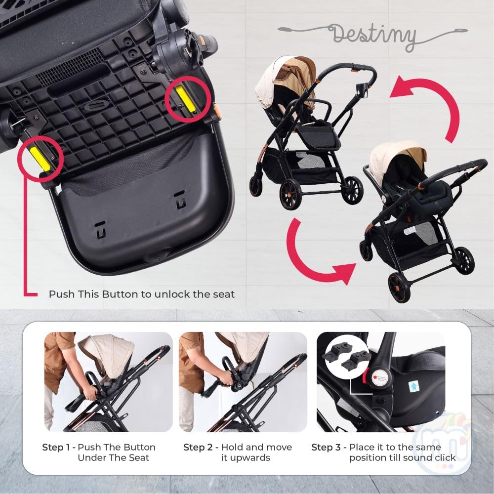 Destiny Black Convertible 2in1 Aluminium Alloy Pram Stroller Bassinet, Stroller Bag, Inner Cushion Included