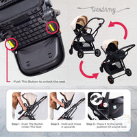 Destiny Black Convertible 2in1 Aluminium Alloy Pram Stroller Bassinet, Stroller Bag, Inner Cushion Included