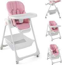 BABY JOY Baby High Chair, Foldable Highchair w/ 7 Heights, 5 Recline Positions (Pink)