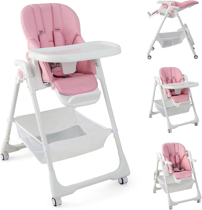 BABY JOY Baby High Chair, Foldable Highchair w/ 7 Heights, 5 Recline Positions (Pink)