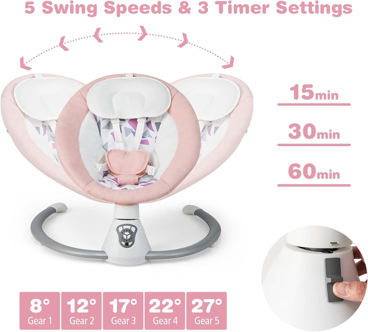 GYMAX Electric Baby Rocker, Toddler Automatic Bouncer 5 Swinging Amplitudes, Remote Control and Timing Function, Portable Newborn Rocking Chair (Pink)