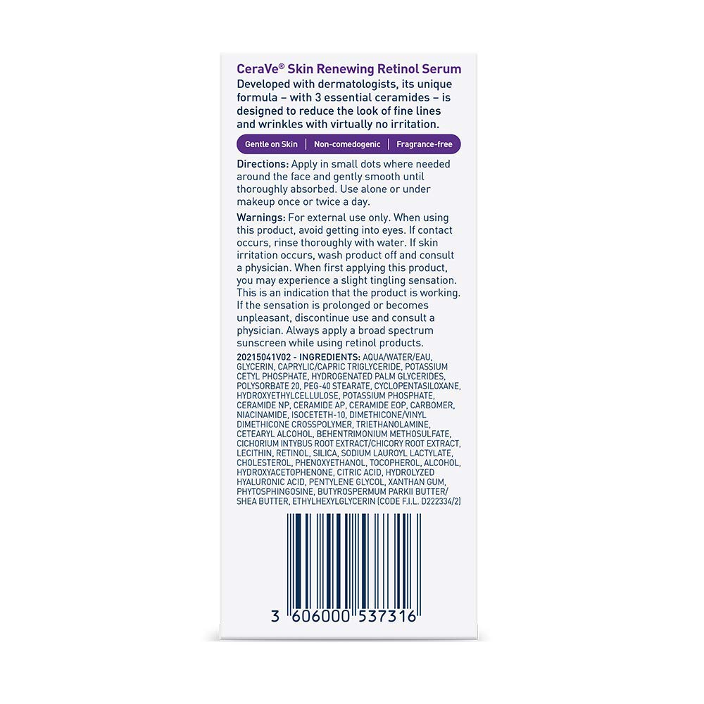 CeraVe Anti Aging Retinol Serum For Face, Encapsulated Retinol With Hyaluronic Acid, 1 Oz