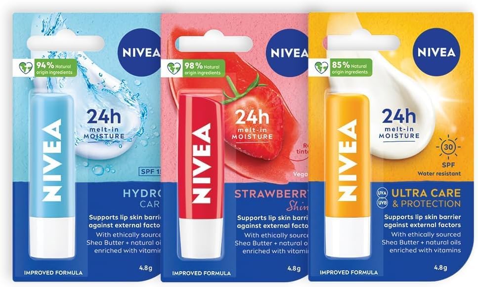 NIVEA Lip Balm Trio Value Bundle (3 Piece) | Includes: Hydrocare, Strawberry Shine & Ultra Care SPF 30+ | 24-Hour Melt-In Moisture | Enriched With Shea Butter & Natural Oils