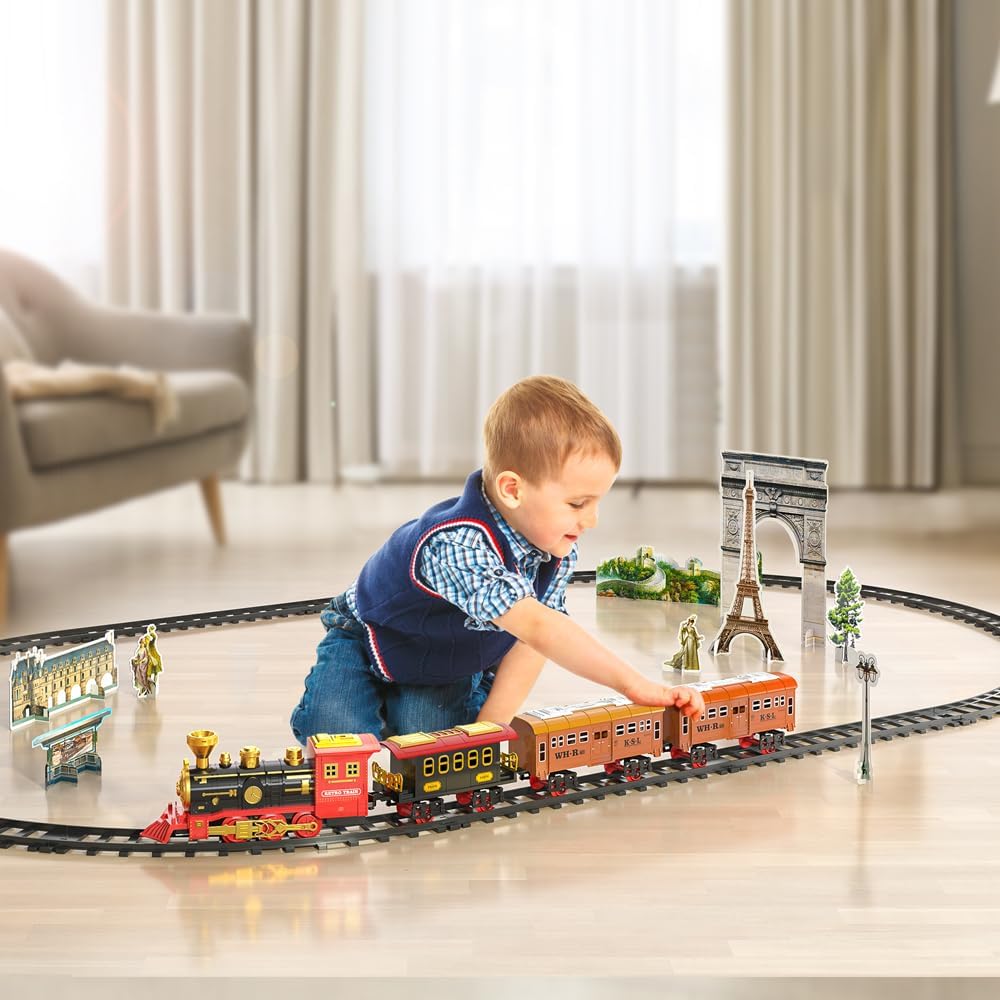 MSKOLER Train Sets with Steam Locomotive Engine, Cargo Car and Tracks, Boys & Girls 3 4 5 6 7 Years Old