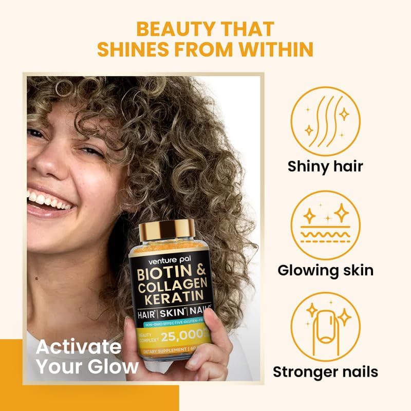 Venture Pal Biotin Gummies with Collagen & Keratin - Hair Growth Support Skin and Nail Strength Vitamins for Women & Men - Biotin 10000mcg | B-Complex | Saw Palmetto - Sugar Free, Non-GMO, 60ct