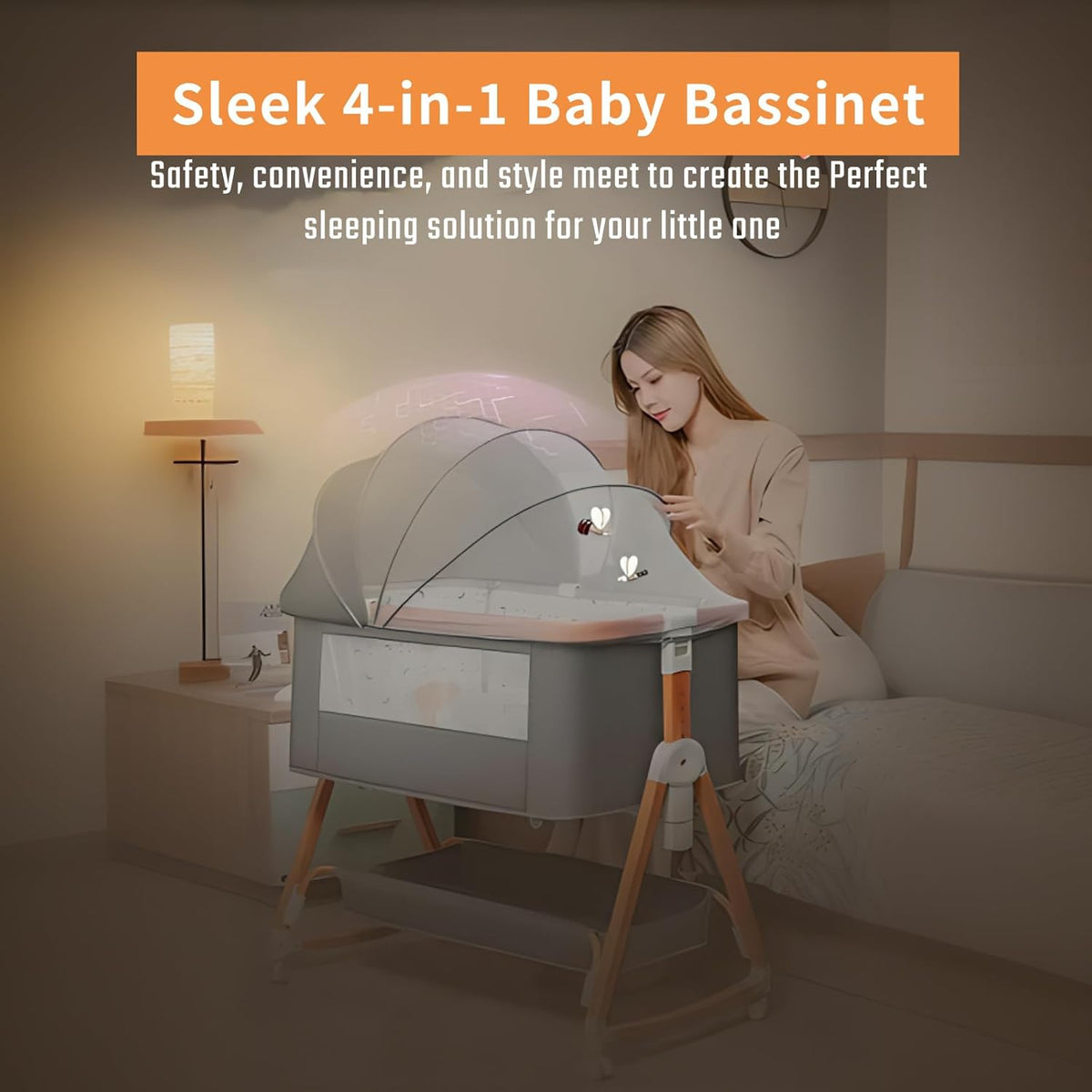 4 in 1 Baby Bassinet, Rocking Baby Cradle with Wheels | 6-Level Adjustable Height Bedside Sleeper |