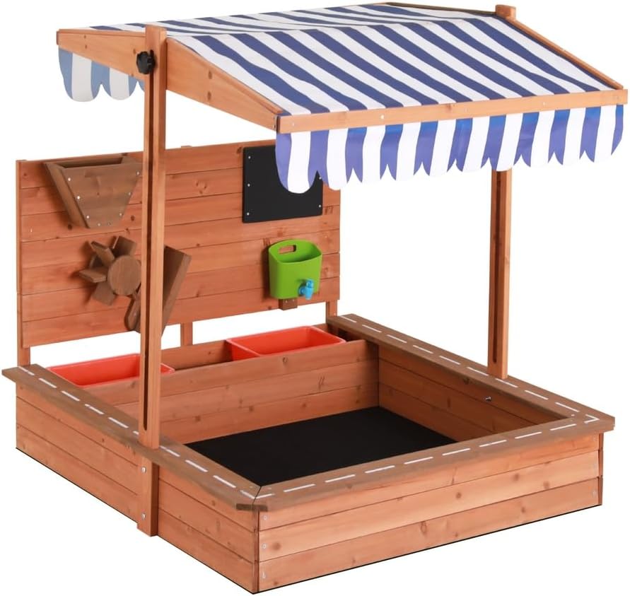Keezi Kids Sandpit Wooden Canopy Sandbox with Cover Funnel Outdoor Toys 110cm