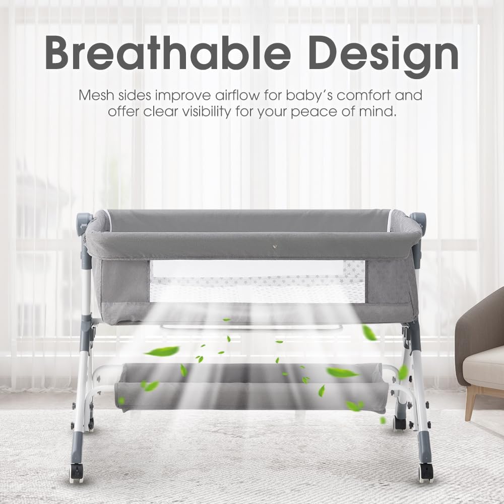 PlayPals Baby Bassinet with Mattress, Rocking Baby Crib with Storage Basket Grey