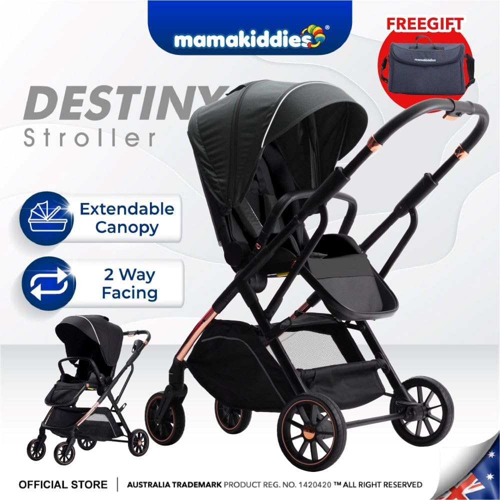 Destiny Black Convertible 2in1 Aluminium Alloy Pram Stroller Bassinet, Stroller Bag, Inner Cushion Included