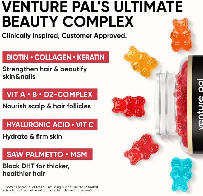 Venture Pal Biotin Gummies with Collagen & Keratin - Hair Growth Support Skin and Nail Strength Vitamins for Women & Men - Biotin 10000mcg | B-Complex | Saw Palmetto - Sugar Free, Non-GMO, 60ct