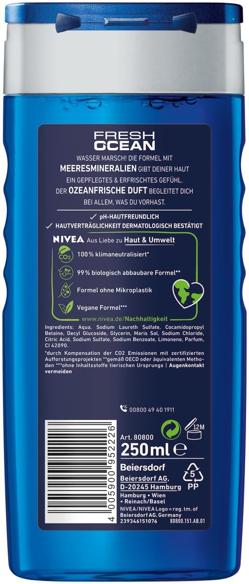 NIVEA MEN Fresh Ocean Shower Gel (250 ml), Revitalising Shower Gel with Ocean Fresh Fragrance, Men's Shower Gel with Sea Minerals for Body, Face and Hair