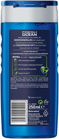 NIVEA MEN Fresh Ocean Shower Gel (250 ml), Revitalising Shower Gel with Ocean Fresh Fragrance, Men's Shower Gel with Sea Minerals for Body, Face and Hair