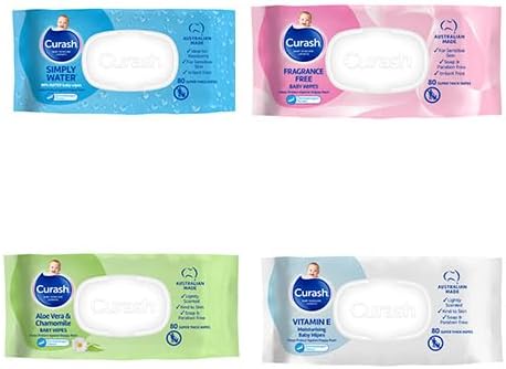 Curash Baby Wipes Variety Pack - 4 x 80 Count | Fragrance-Free, Simply Water, Aloe Vera & Chamomile, Vitamin E | Gentle & Hypoallergenic | Ideal for Sensitive Skin | Bulk Value Pack for Baby Care