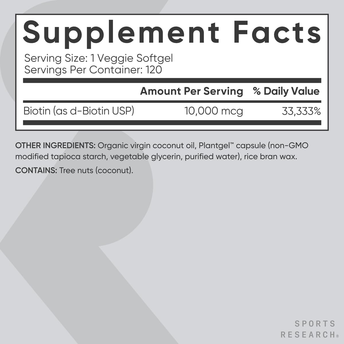 Sports Research® Biotin 10,000mcg with Organic Coconut Oil - Biotin (Vitamin B7)  120 Veggie Softgels