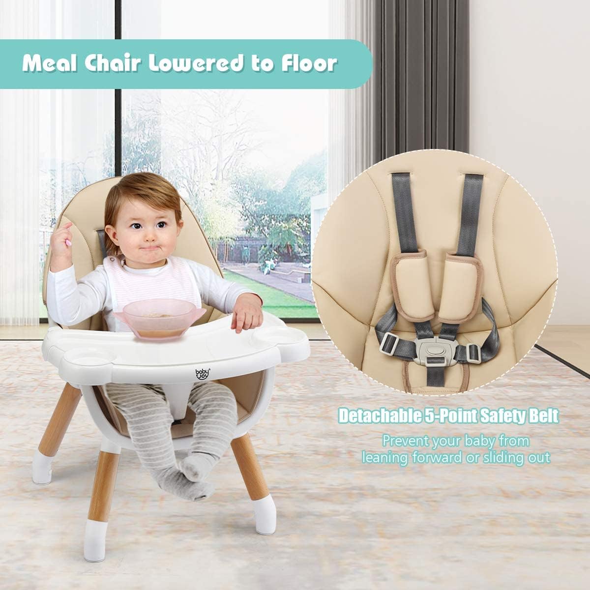 BABY JOY 5 in 1 High Chair, Convertible High Chairs for Babies and Toddlers (Khaki)