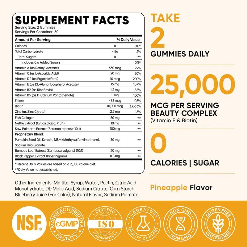 Venture Pal Biotin Gummies with Collagen & Keratin - Hair Growth Support Skin and Nail Strength Vitamins for Women & Men - Biotin 10000mcg | B-Complex | Saw Palmetto - Sugar Free, Non-GMO, 60ct