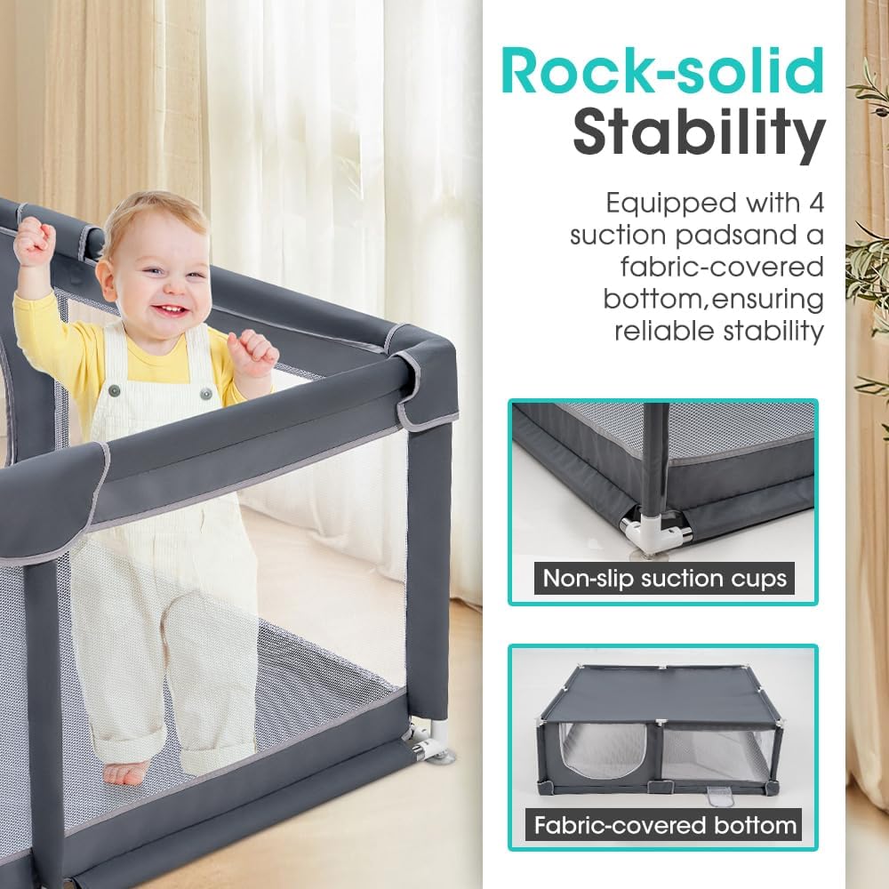 Baby Playpen – 180x200cm Spacious Play Yard for Babies & Toddlers,Grey