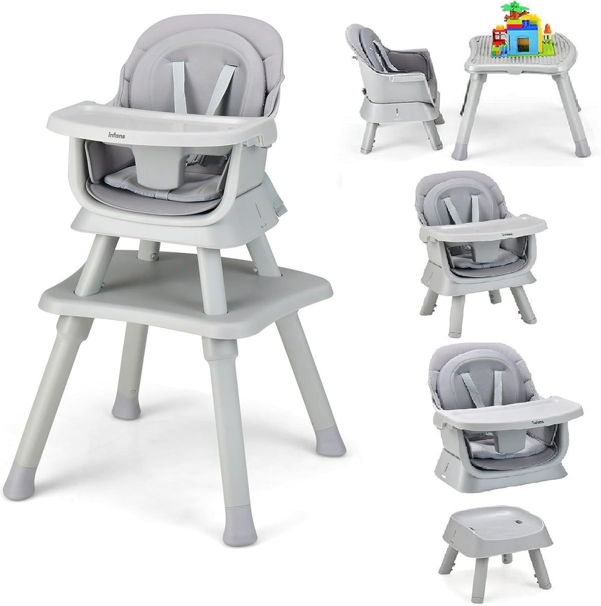 INFANS 8 in 1 Baby High Chair, Convertible Highchair for Babies and Toddlers (Grey)