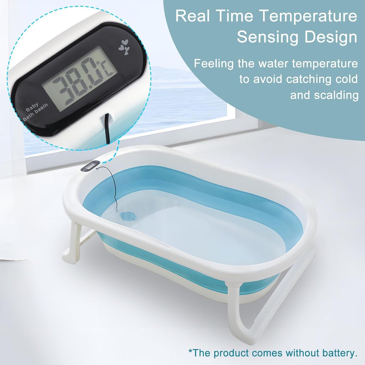 Baby Bath Tub, Baby Bathtub with Water Temperature Sensor for Newborn, Timkos Collapsible Bath for Travel, Baby Bath Seat with Support Pad and Thermometer (Blue)