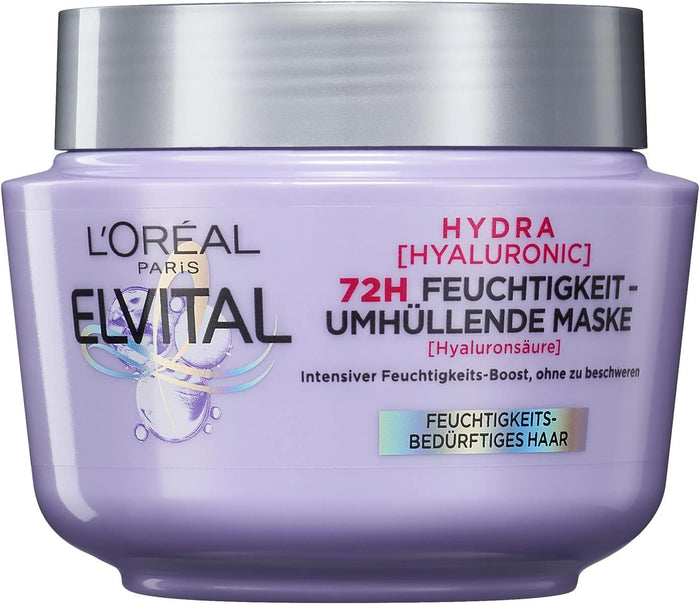 L'Oréal Paris Elvital Hydra Hyaluronic Moisturising Hair Mask for Shiny Hair, Hyaluronic Intensive Treatment for a Moisture Boost, Up to 72 Hours Long-Lasting Moisture and Care, 300 ml