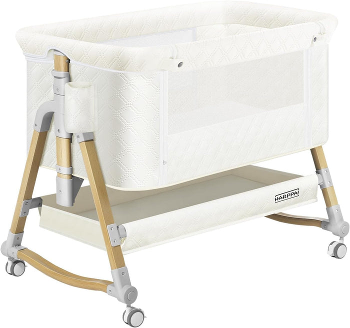 Cuddly Bassinet, 3 in 1 Baby Bassinet with Wheels, 5 Height Adjustable, Includes Mosquito Net, Mattress, Anchor Strap (White)