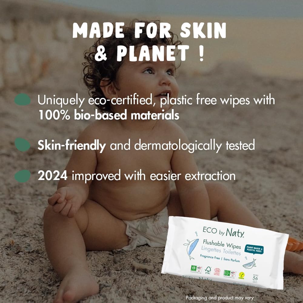 Eco by Naty Flushable Baby Wipes - Compostable and Plant-Based Wipes, Chemical-Free and Hypoallergenic Baby Wipes Safe for Baby Sensitive Skin, 56 Wipes Per Pack (3 Pk)