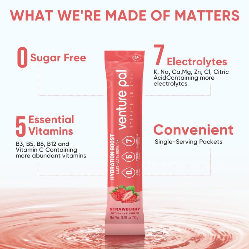 Venture Pal Sugar Free Electrolyte Powder Packets - Liquid Daily IV Drink Mix for Rapid Hydration & Party Recovery | 5 Vitamins & 7 Electrolytes| Keto Friendly | Non-GMO | Certified Vegan | 16 Sticks