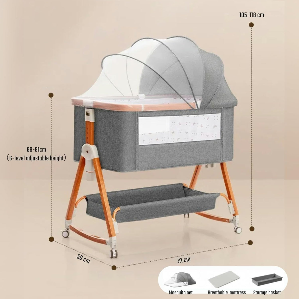 4 in 1 Baby Bassinet, Rocking Baby Cradle with Wheels | 6-Level Adjustable Height Bedside Sleeper |