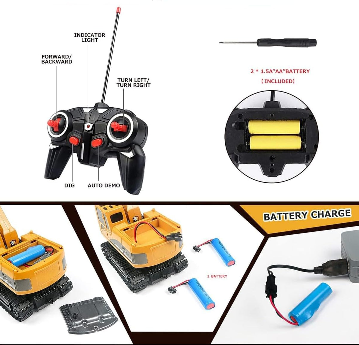 Remote Control Excavator Toy,DRSM RC Excavators - Metal Shovel Digger Vehicles with Lights Sounds and 360° Rotation Digging Sand, Christmas & Birthday Aged 3 4 5 6 7 8 9 10+ Year Old