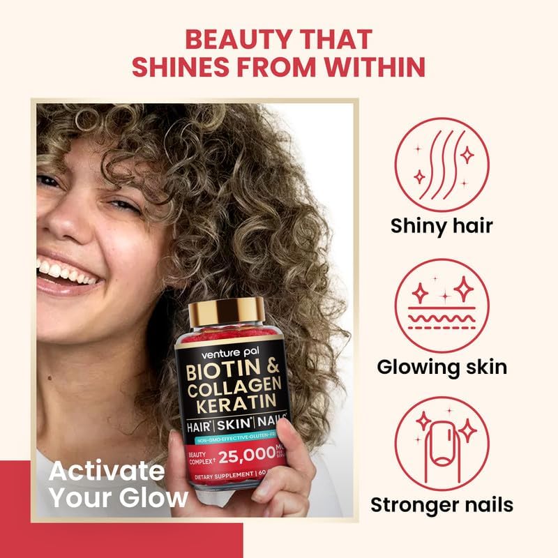 Venture Pal Biotin Gummies with Collagen & Keratin - Hair Growth Support Skin and Nail Strength Vitamins for Women & Men - Biotin 10000mcg | B-Complex | Saw Palmetto - Sugar Free, Non-GMO, 60ct