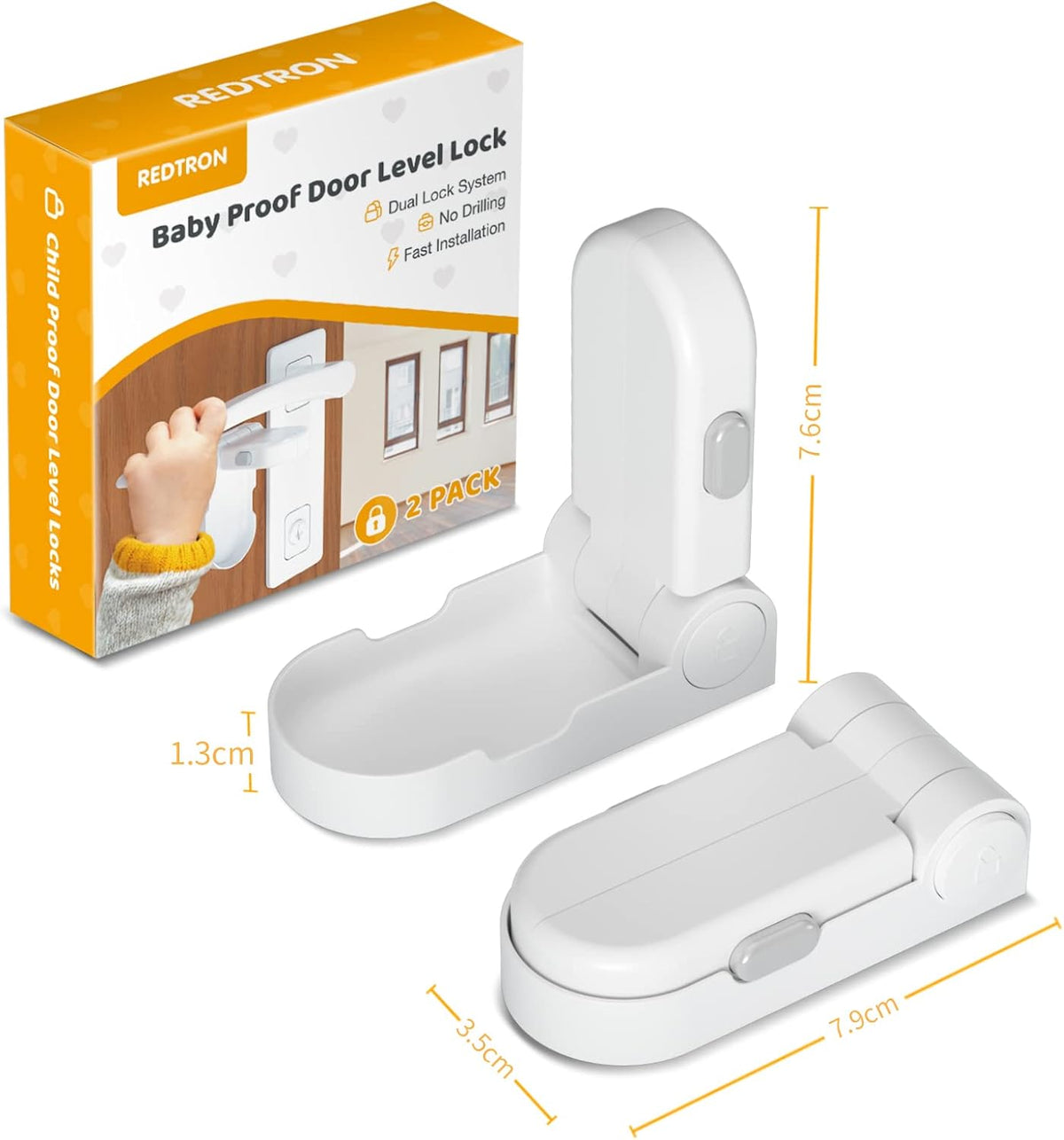 REDTRON Door Level Lock (Upgraded), 2 Pack Baby Door Safety Locks with 3M Adhesive, Childproof Door Handle Lock for Bedroom, Bathroom, Kitchen, Easy to Install, No Tools Required (White)