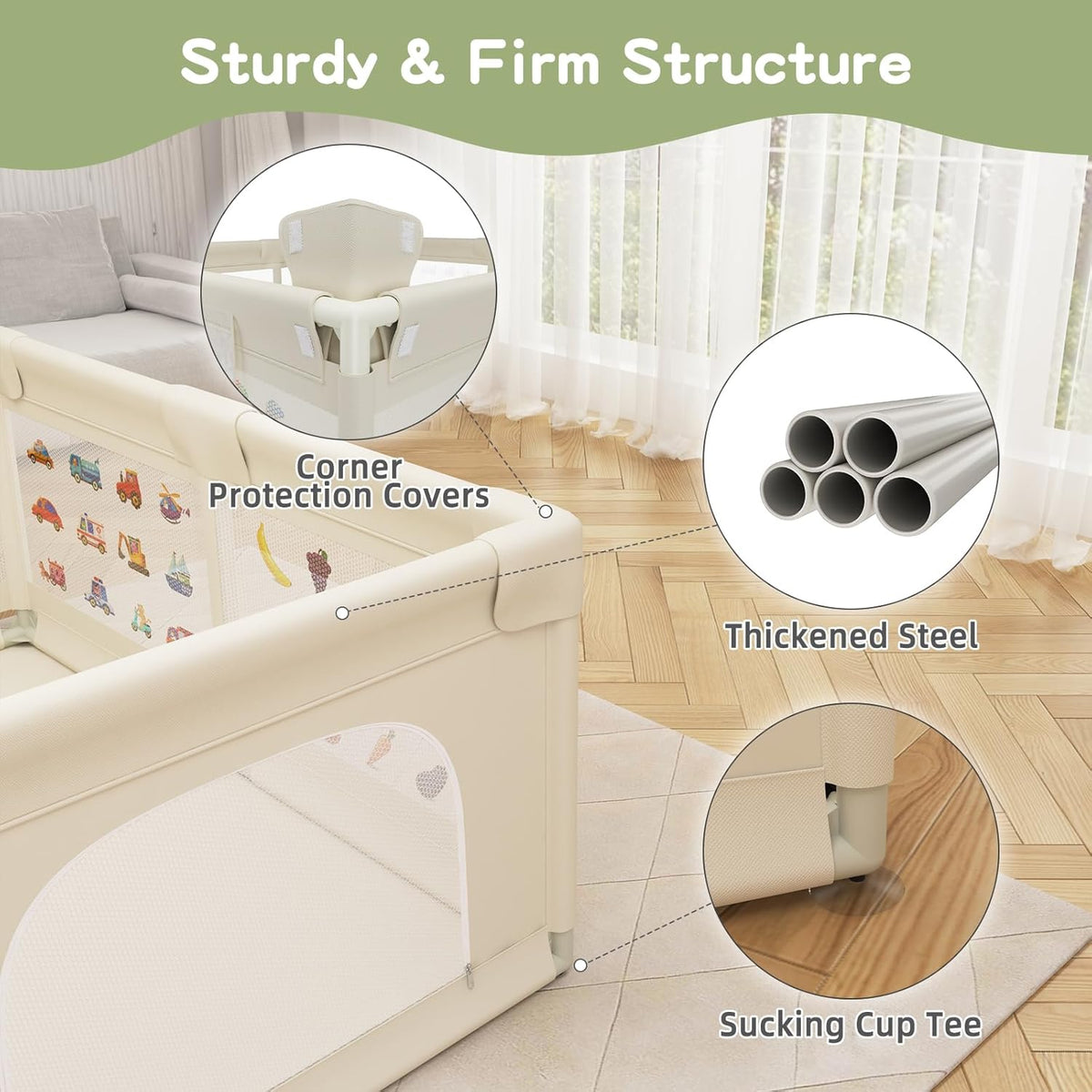 Baby Playpen 200 x 160 cm, Extra-Large Non-Slip Playpens with Patterns, 50 Ocean Balls(Beige)
