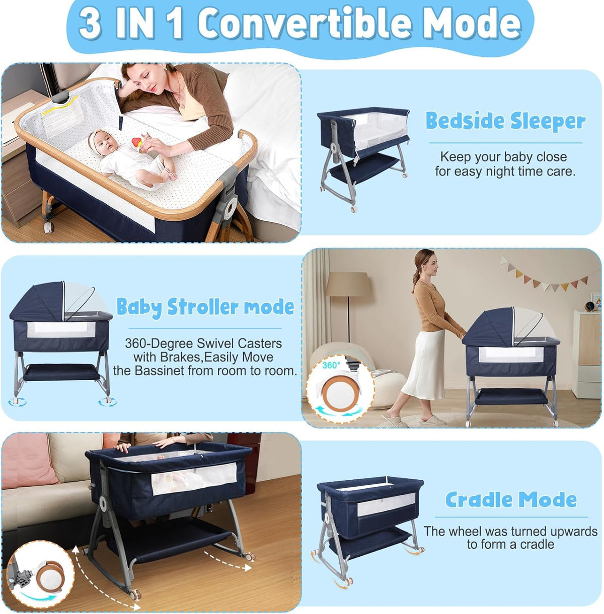 3 in 1 Baby Bassinet, Bassinet Bedside Sleeper for Baby(Blue)
