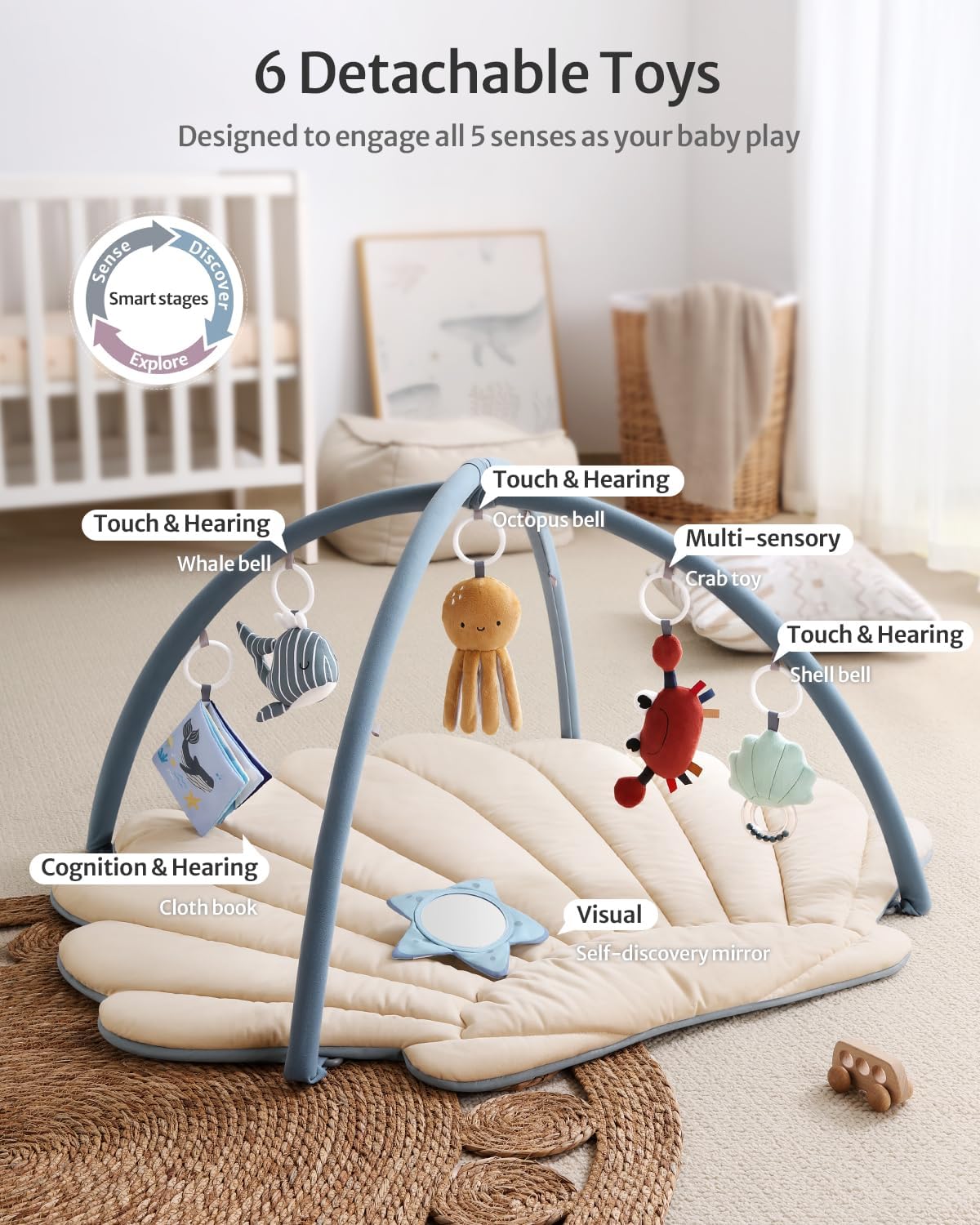Blissful Diary Shell Baby Play Gym Mat, Softer & Enlarged Tummy Time Mat w 6 Detachable, Boho Ocean Theme