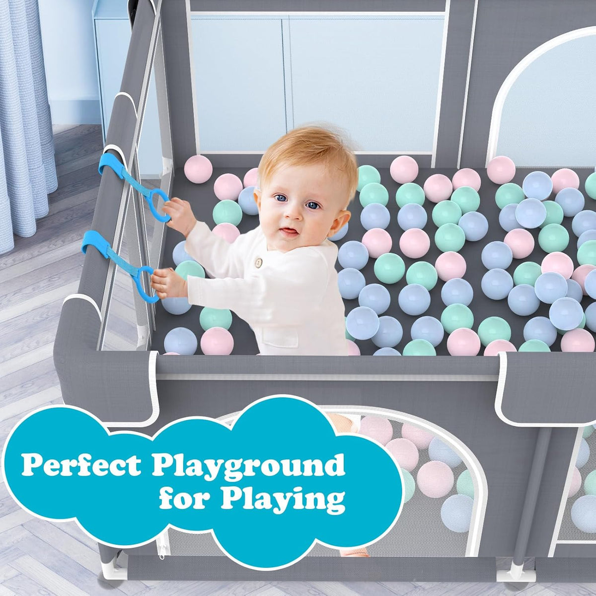 Advwin Large Baby Playpen, 155 x 185cm Interactive Play Fence with Ocean Ball & Pull Ring