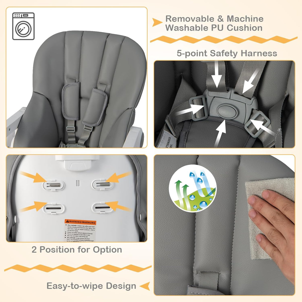 BABY JOY Baby High Chair, Foldable Highchair w/ 7 Heights, 5 Recline Positions(Grey)