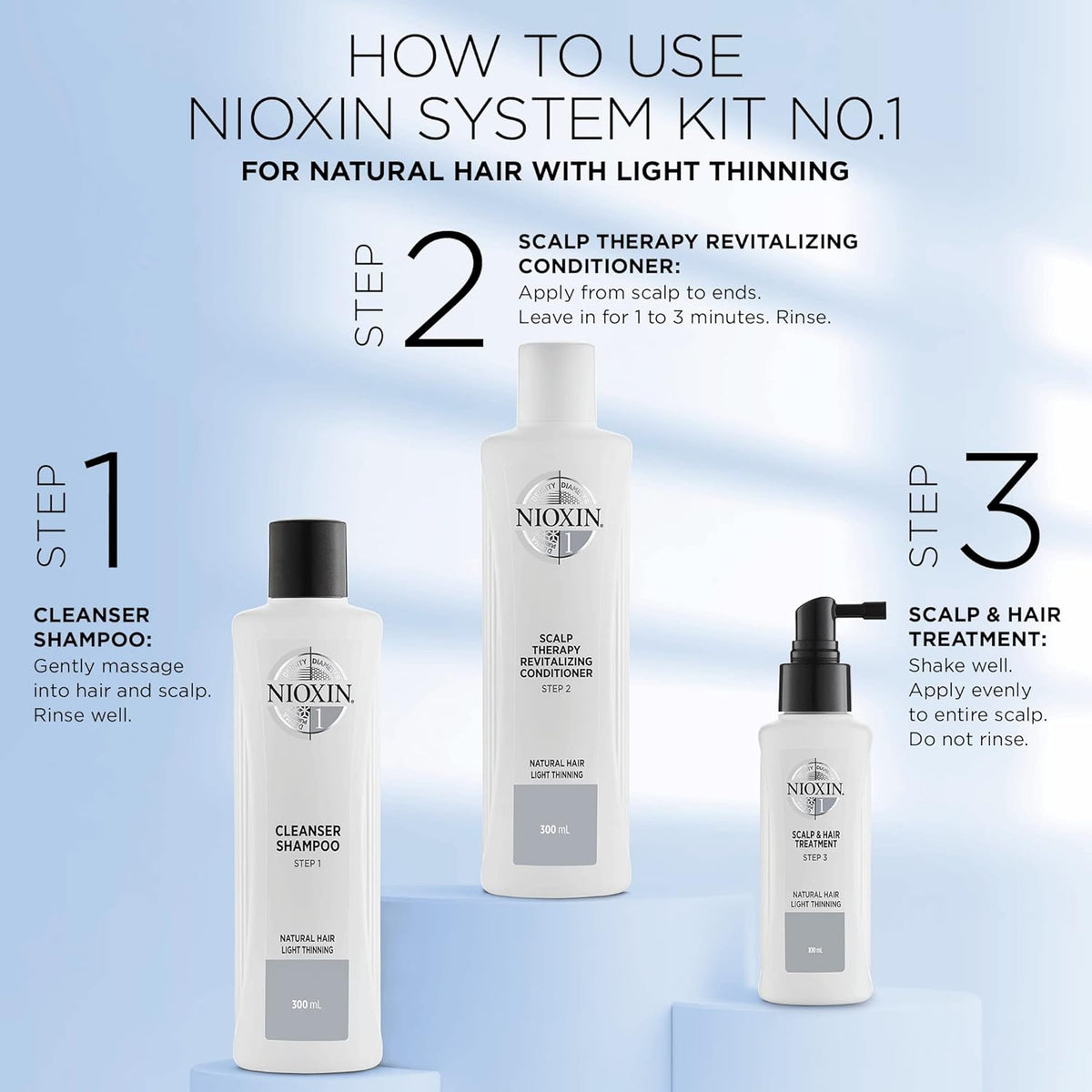 Nioxin System 1 Kit 1 for Natural Hair with Normal to Light Thinning Hair, 3 Piece Set
