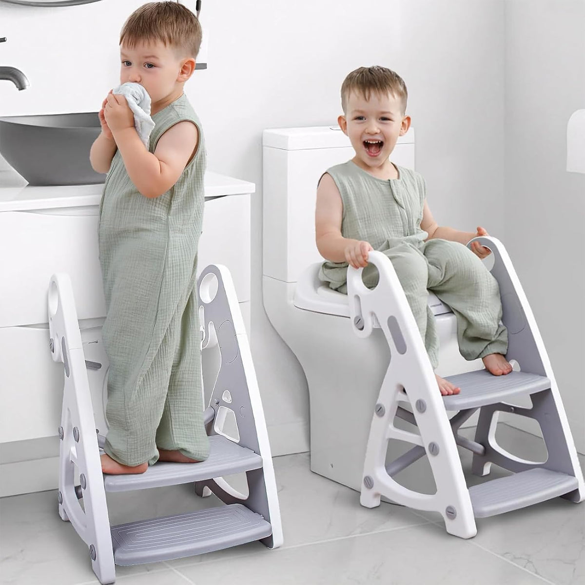 Potty Training Seat with Step Stool - Adjustable Height (Grey)