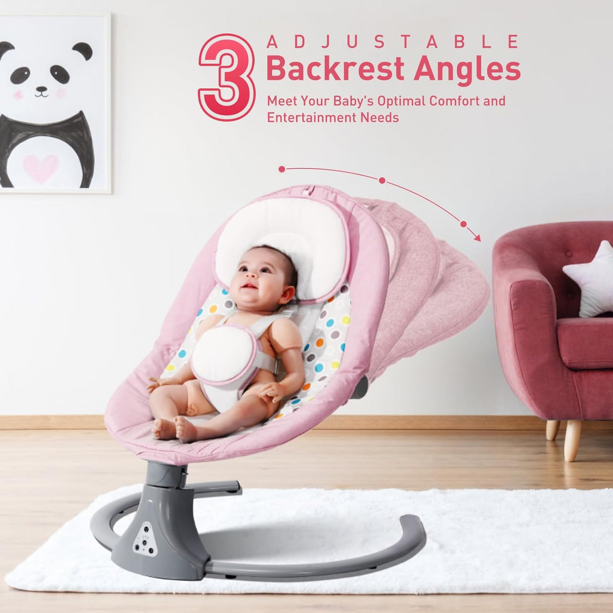 Electric Baby Swing Chair: Baby Rocker with Bluetooth Remote Control - Baby Bouncer Chair 5 Speeds & 12 Preset Lullabies Toddler Swing with 3 Timers for Newborn Boys & Girls (Pink)