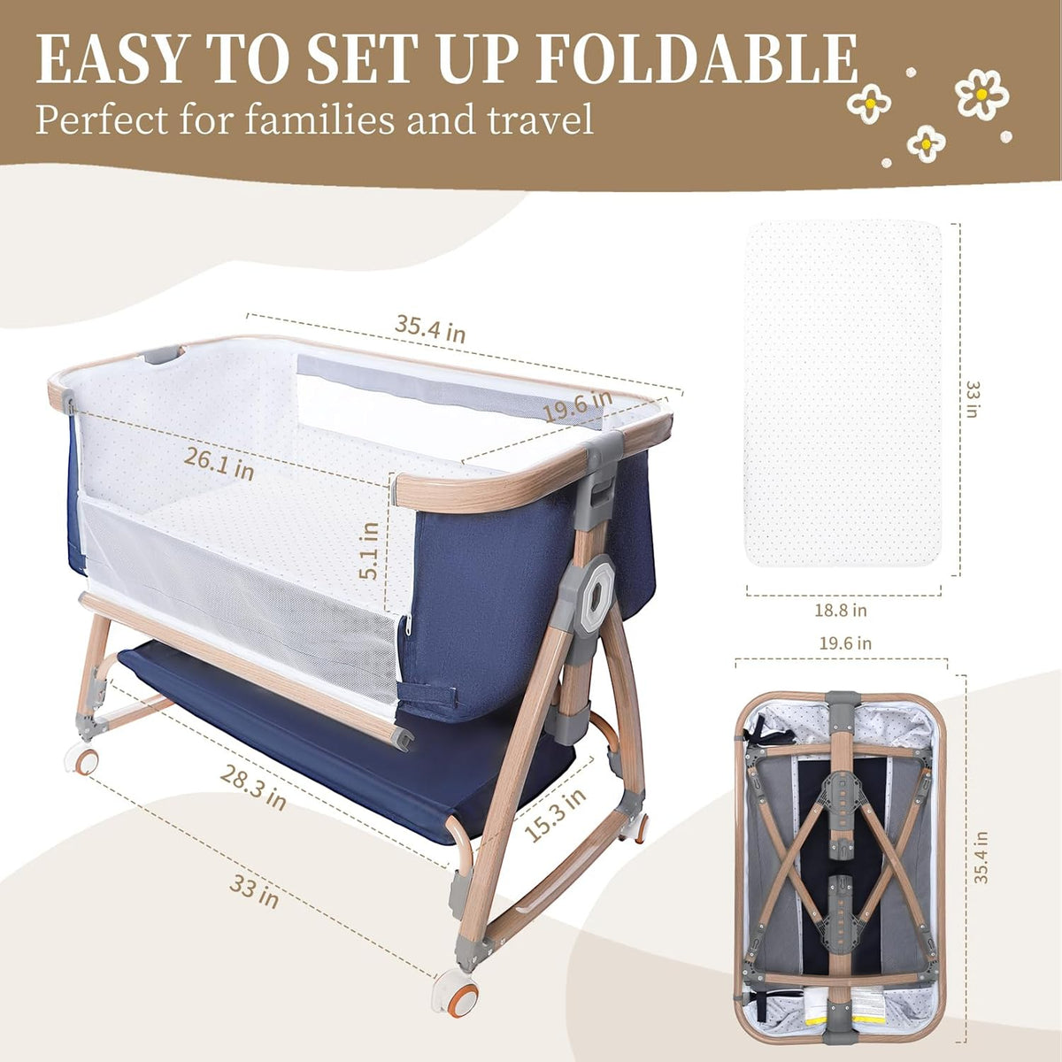 3 in 1 Baby Bassinet, Bassinet Bedside Sleeper for Baby, Bedside Crib with Wheels & Storage Basket & Mosquito