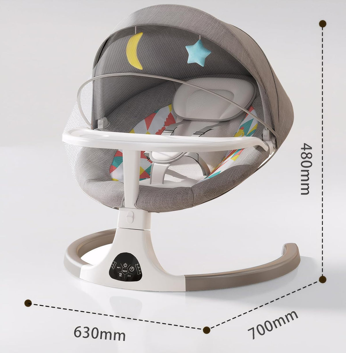 OKUYOSHI Baby Swing with Dinner Tray, New Born Baby Rocker Chair with 3 Timing, 5 Sway Angles (Grey)