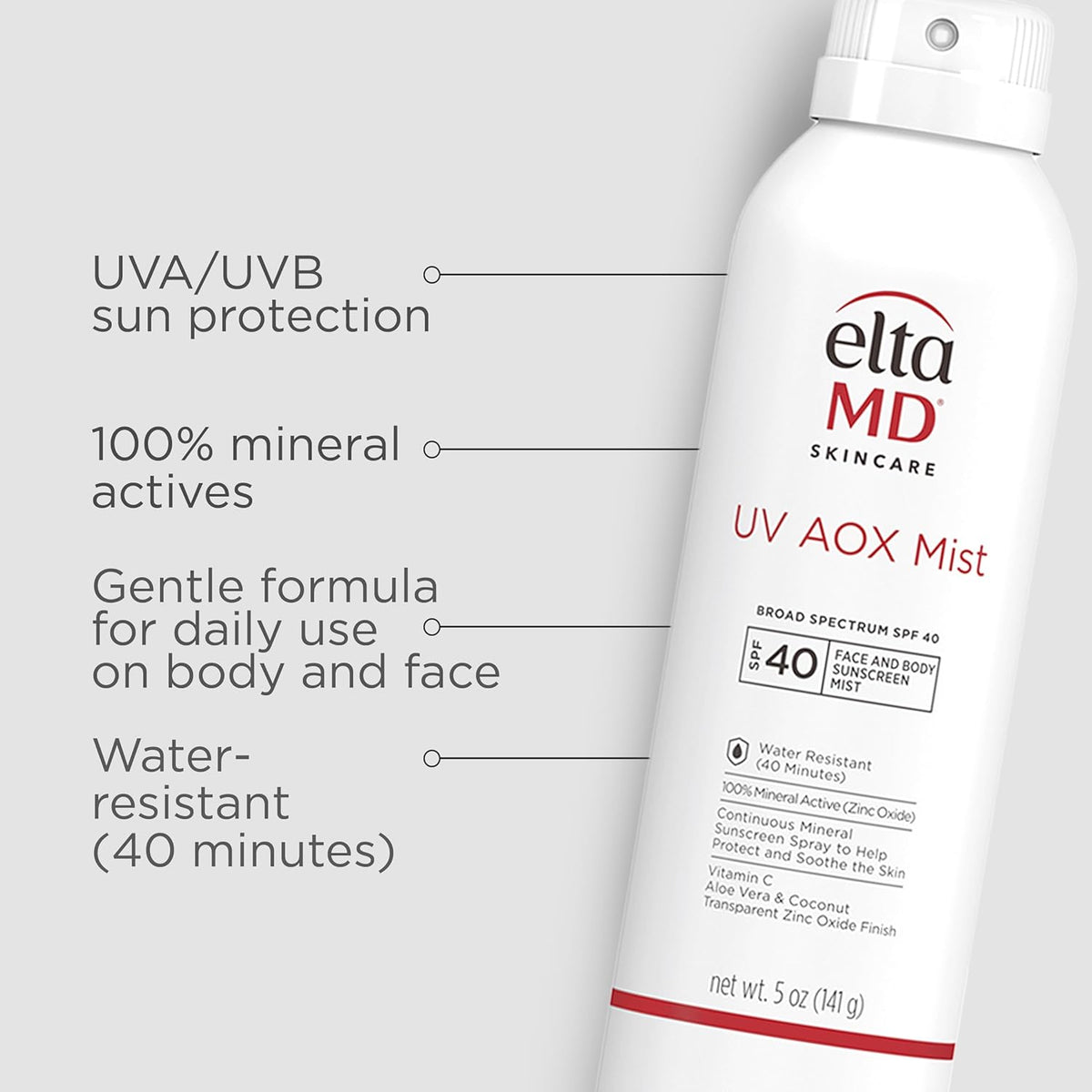 EltaMD UV AOX Mist Mineral Sunscreen Spray SPF 40, Broad Spectrum Face and Body Sunscreen with Zinc Oxide, 100% Mineral Active, Hydration Boost with Antioxidants, Moisturizer with SPF 40, 5 oz