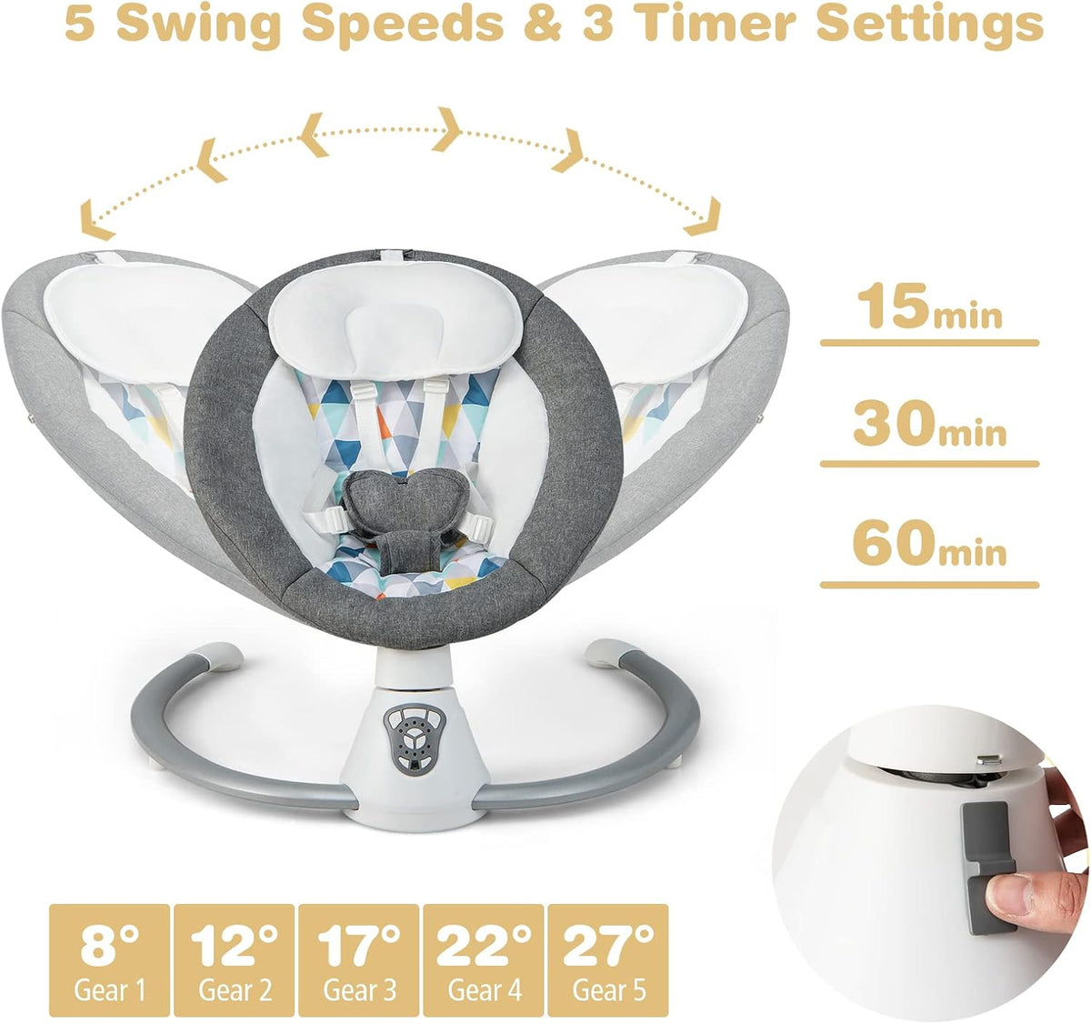 GYMAX Electric Baby Rocker, Toddler Automatic Bouncer 5 Swinging Amplitudes, Remote Control and Timing Function, Portable Newborn Rocking Chair (Gray)