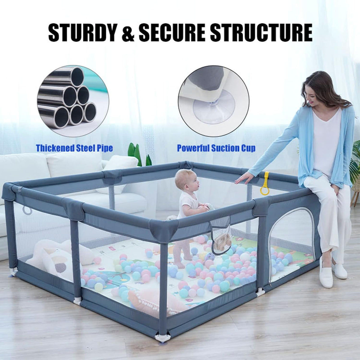 Baby Playpen, 150 x 180 x 68cm Large Playpen for Baby and Toddlers- Grey