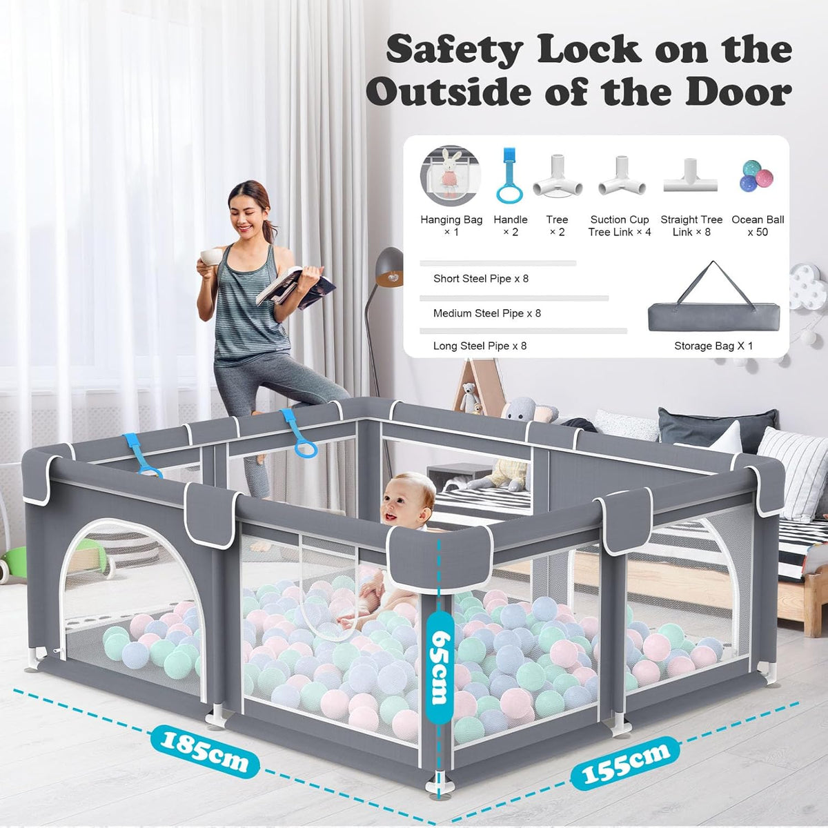Advwin Baby Playpen 185 × 155cm (Gray)