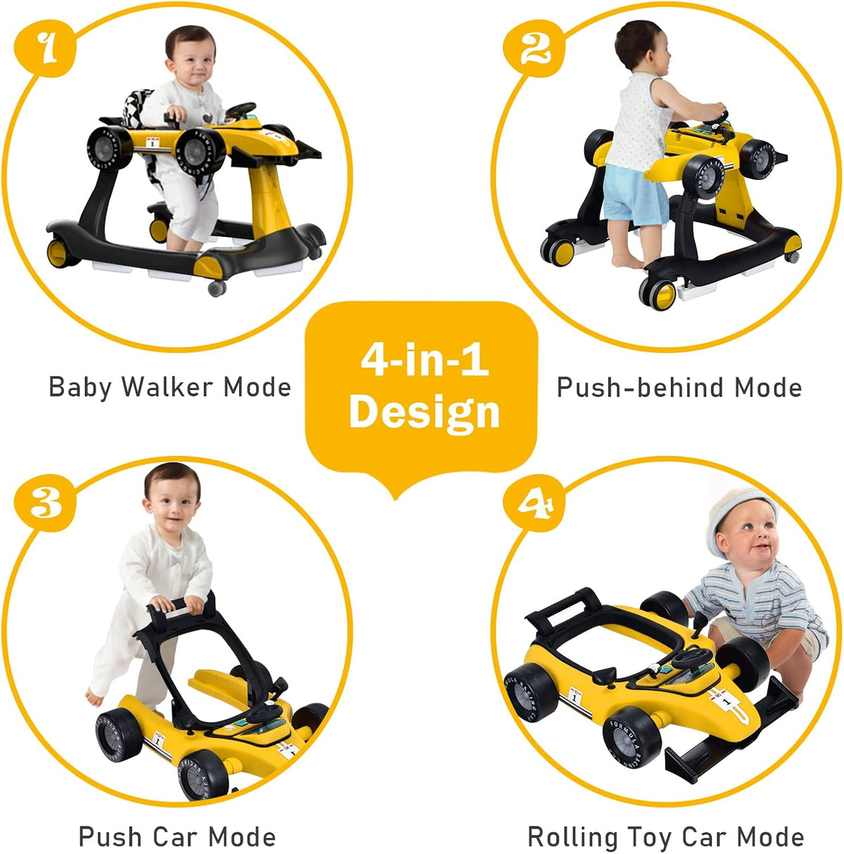 BABY JOY 4-in-1 Baby Walker, Foldable Activity Car Baby Walker w/3 Adjustable Height(Yellow)
