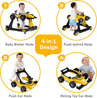 BABY JOY 4-in-1 Baby Walker, Foldable Activity Car Baby Walker w/3 Adjustable Height(Yellow)
