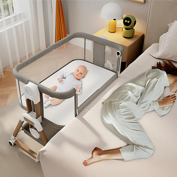 Baby Bassinet Bedside Sleeper with Mattress, 6-Level Height Adjustable Co-Sleeper, Convertible Baby Crib with Breathable Mesh, 360° Wheels & Storage Basket